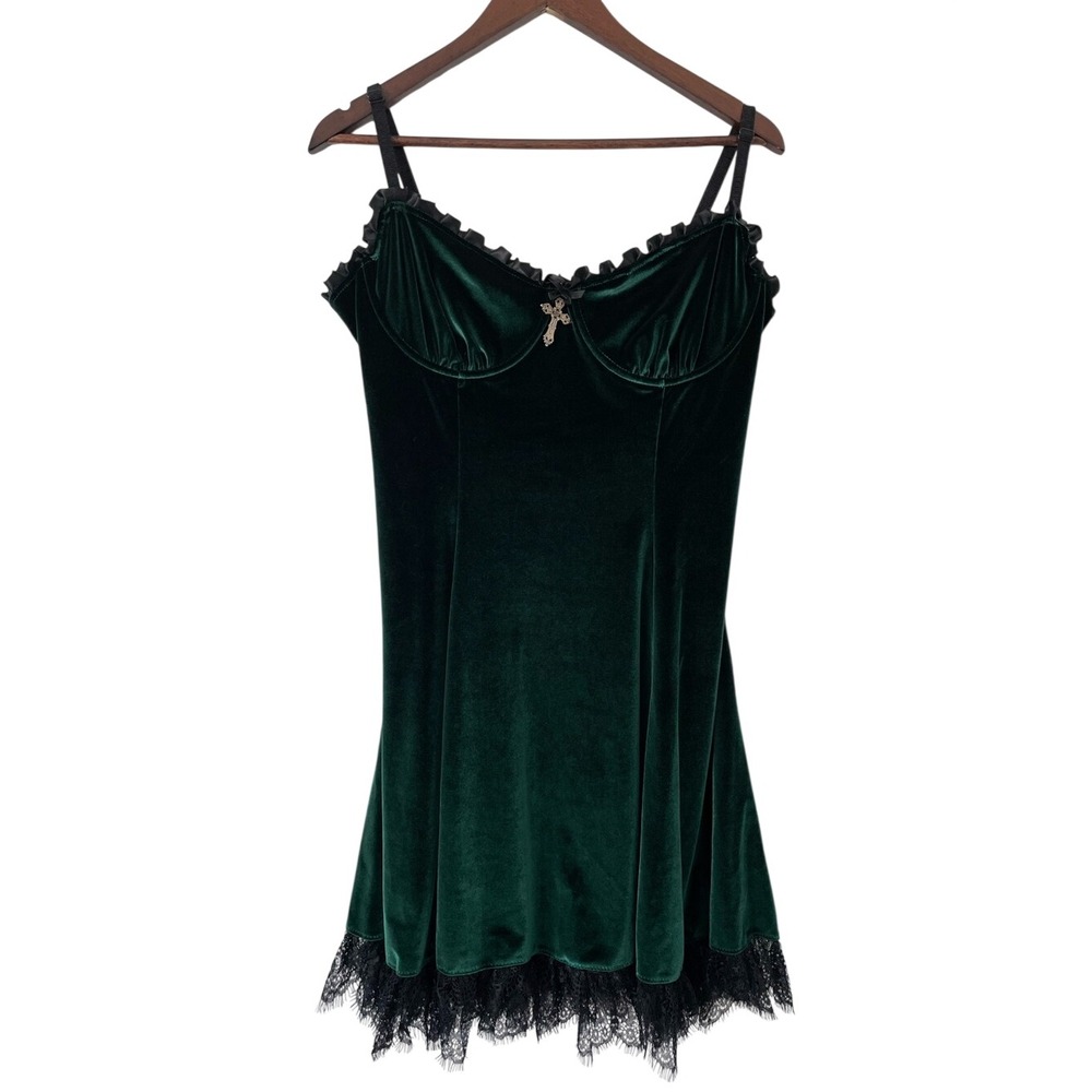 Dolls Kill Widow Blind Faith Dress XL Green Velvet Lace Cross Goth Mini Gothic
